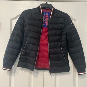 Like new, Moose Knuckles quilted jacket. Black with maroon and cream trim.
